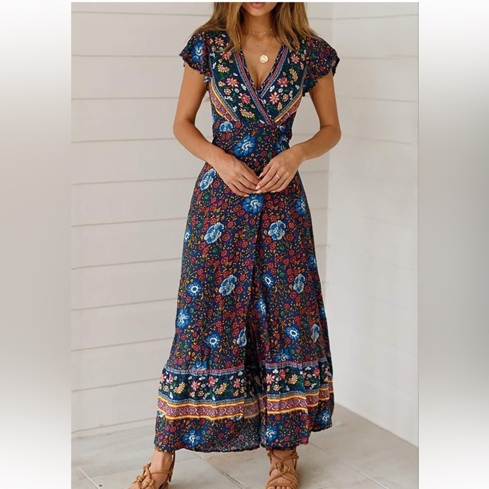 Alelly Women Wrap maxi dress Split Flowy Long cocktail dress Boho Summer dresses